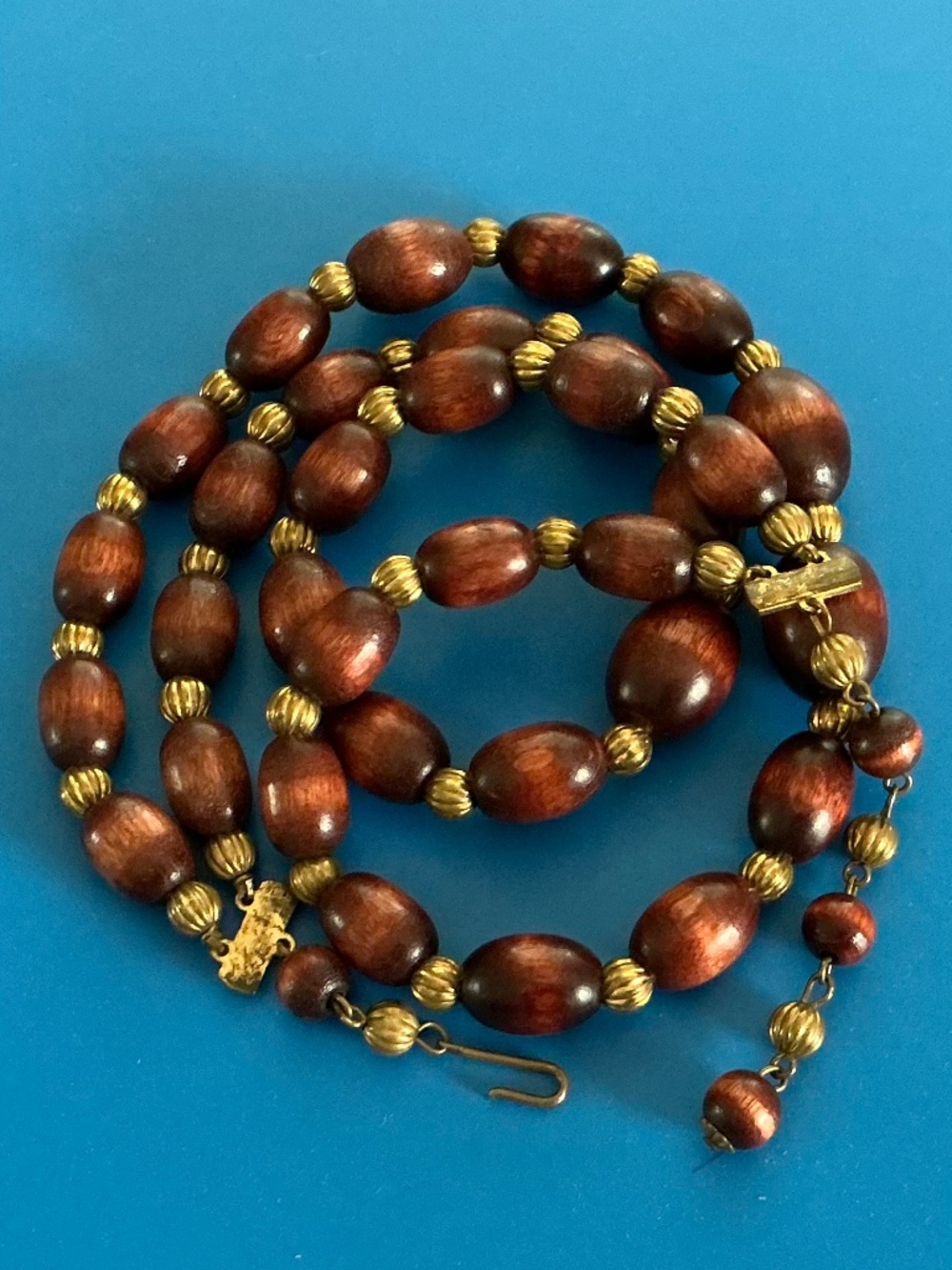 Vintage 1960s Double Strand Wood Bead Necklace Adjustable Statement Choker - Picture 9 of 15